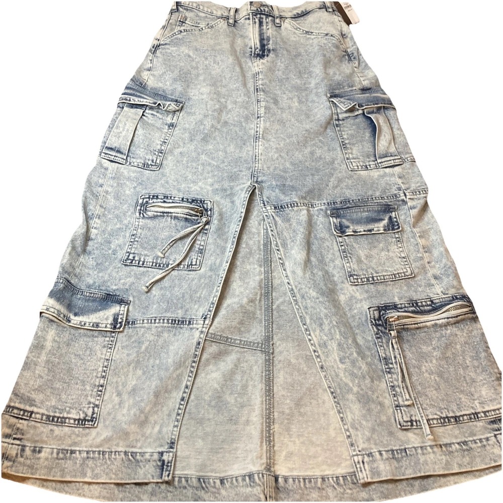 Gap NWT Acid Washed Denim Skirt Sz 26/2P Maxi Long With Lots Of Cargo Pockets